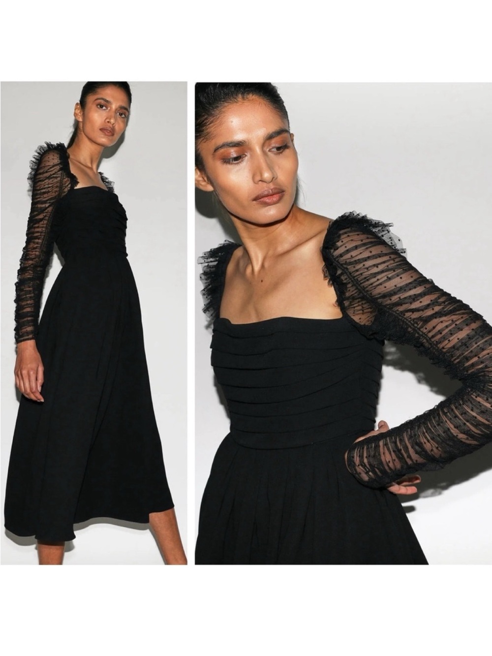 Self-Portrait Crepe Dot Mesh Sleeved Midi Fit and Flare Dress in Black size 2